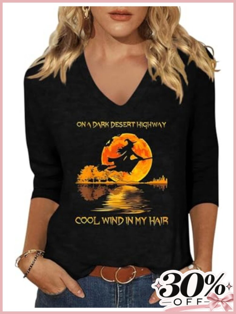 Women's Halloween V Neck 3/4 Sleeve Graphic Tee Loose Fit Cotton Blend